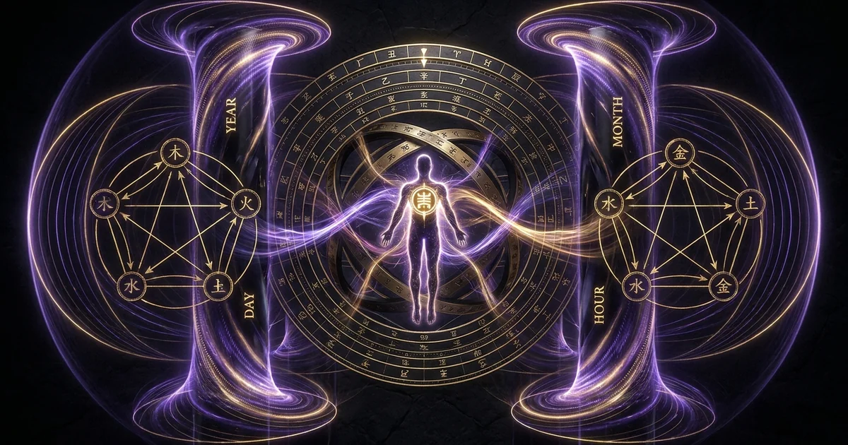 Cover illustration for treatise: Four Pillars Destiny BaZi: Year, Month, Day, Hour Matrix