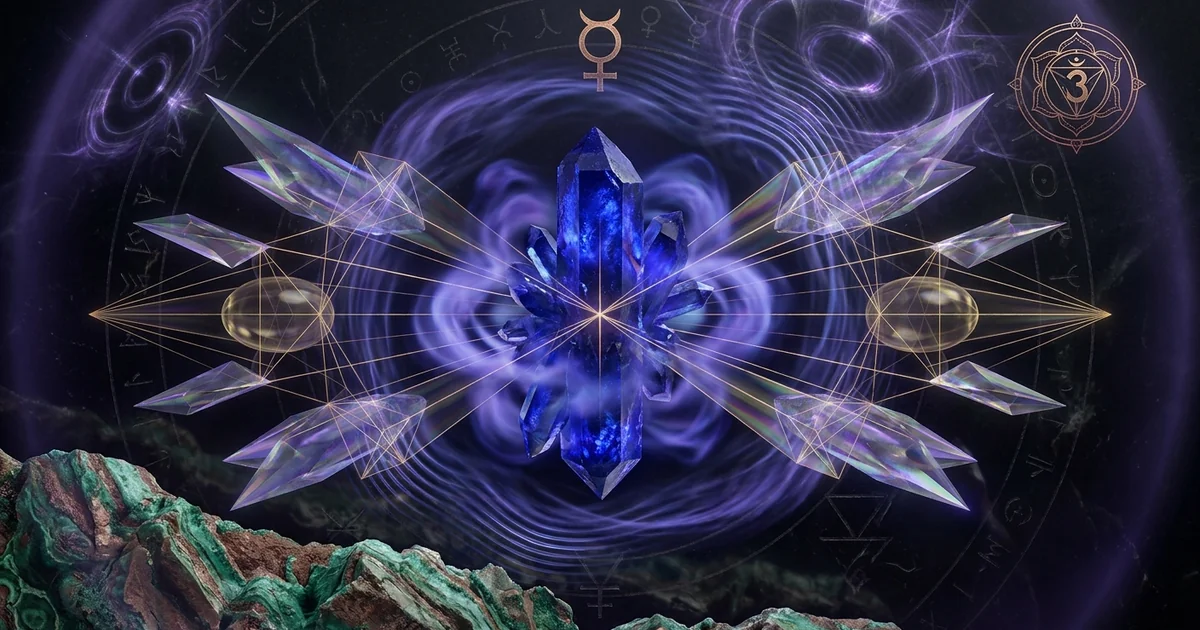 Cover illustration for treatise: Azurite Crystal Properties: Geology and Resonance Fields