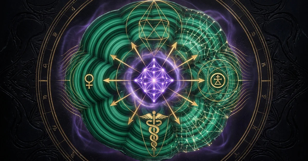 Cover illustration for treatise: Malachite Crystal Properties Geology Resonance Analysis