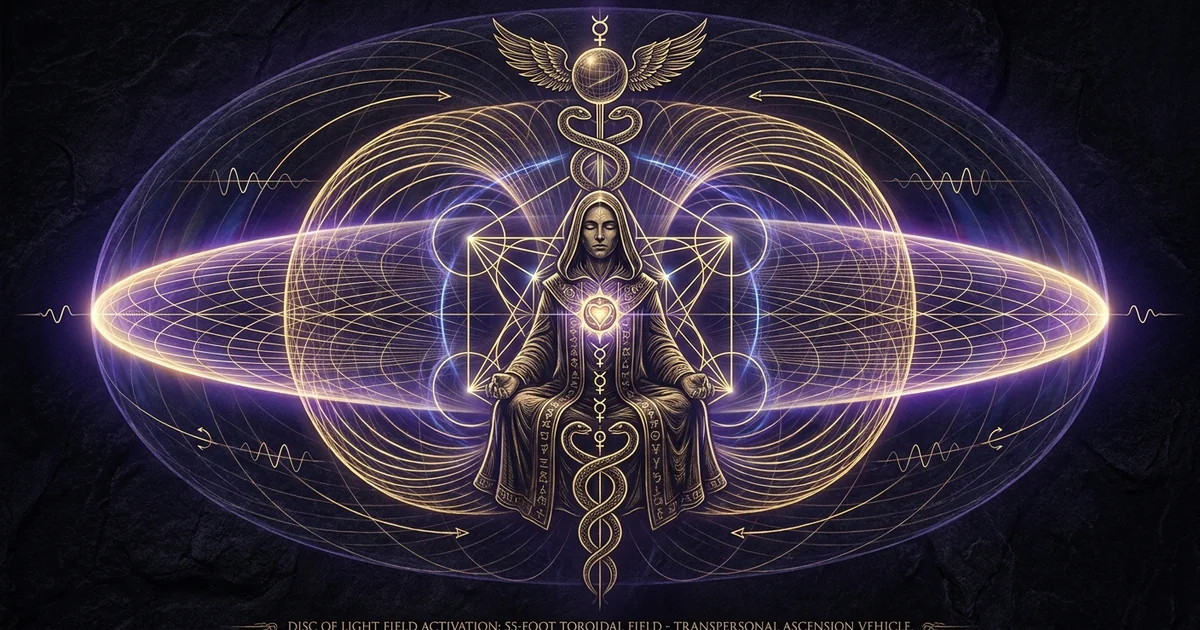 Cover illustration for treatise: Disc of Light Merkaba 55 Foot Toroidal Field Activation