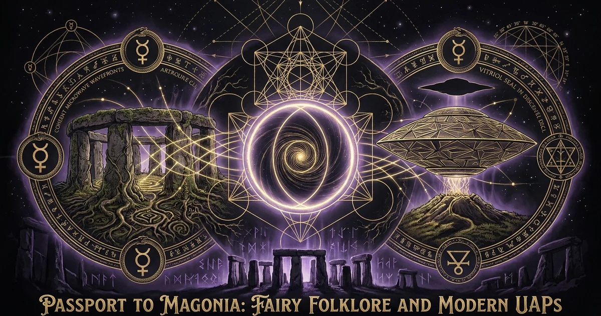 Cover illustration for treatise: Passport to Magonia Fairy Folklore Ufonauts Parallels Vallee