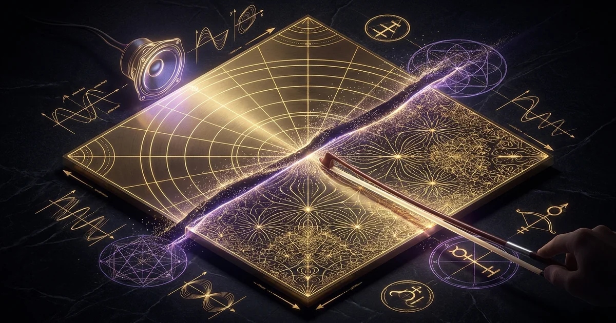 Cover illustration for treatise: Violin Bowing vs Frequency Generator Chladni Plate