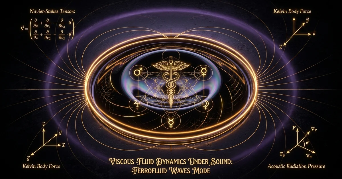 Cover illustration for treatise: Viscous Fluid Dynamics Acoustic Excitation Ferrofluid Spikes