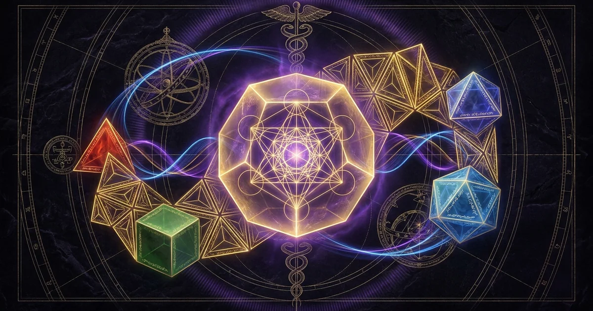 Cover illustration for treatise: Five Platonic Solids Sacred Geometry Regular Polyhedra