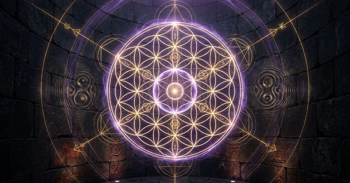 Cover illustration for treatise: Flower of Life Sacred Geometry 19 Circles Creation Matrix