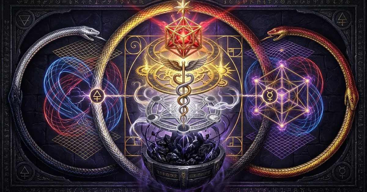 Cover illustration for treatise: Magnum Opus Great Work Four Stages Alchemy Soul Transmutat
