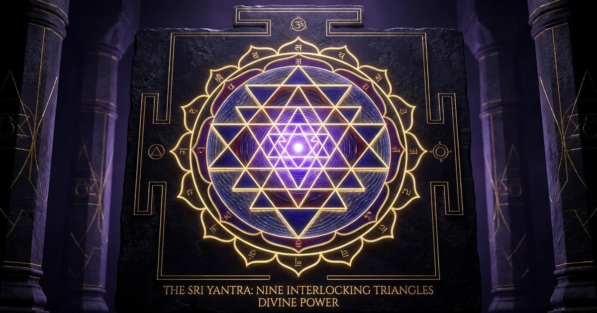 Cover illustration for treatise: Sri Yantra Sacred Geometry Nine Interlocking Triangles