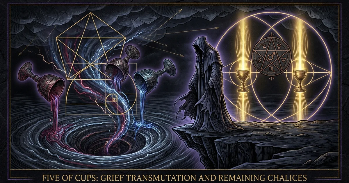 Cover illustration for treatise: Five of Cups Tarot Meaning: Transmuting Psychic Grief