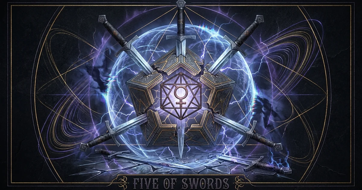 Cover illustration for treatise: The Five of Swords Tarot Meaning: Analysis of Pyrrhic Loss