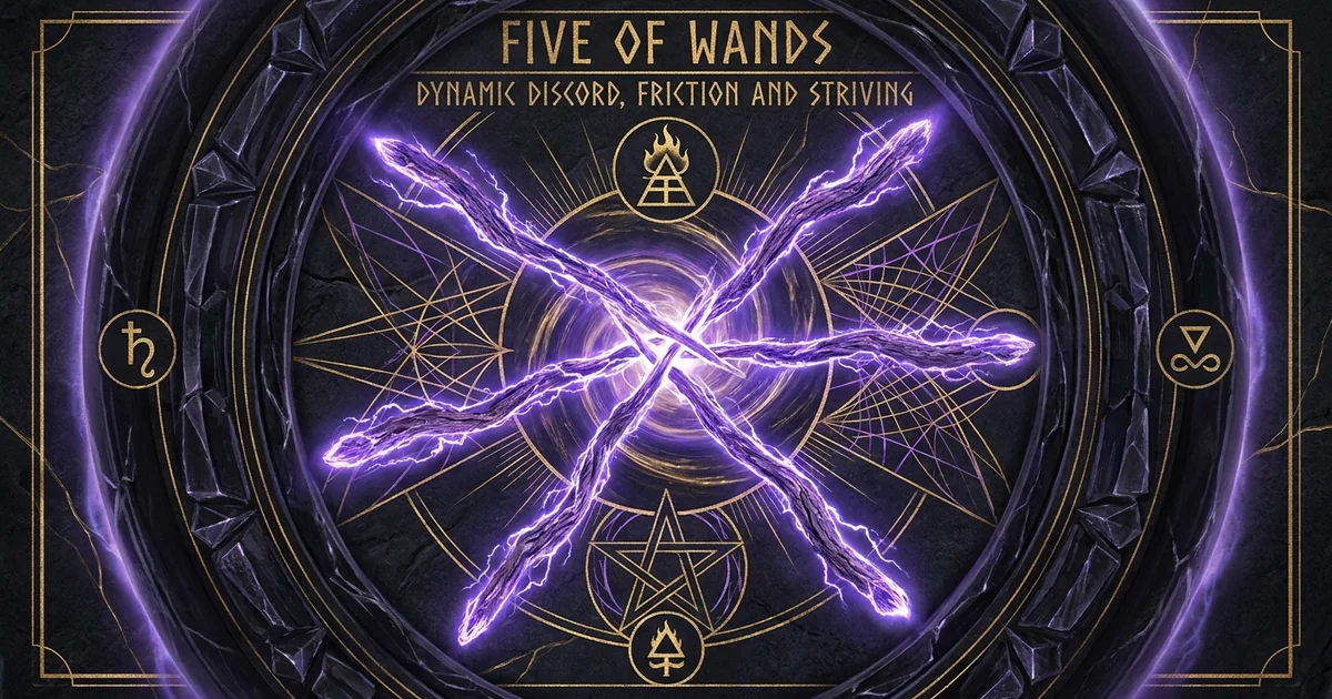 Cover illustration for treatise: Five of Wands Tarot Meaning: Dynamic Strife and Geburah