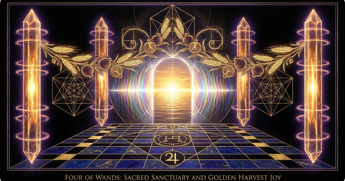 Cover illustration for treatise: Four of Wands Tarot Meaning: The Consecrated Temenos