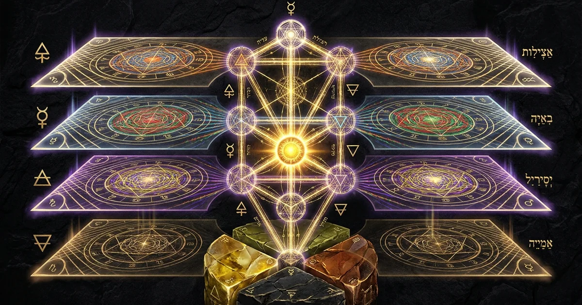 Cover illustration for treatise: The Golden Dawn Color Scales Four Worlds Tarot System