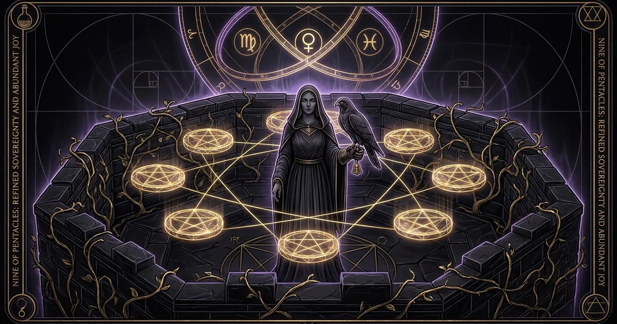 Cover illustration for treatise: Nine of Pentacles Tarot Meaning: Autarky and Sovereignty