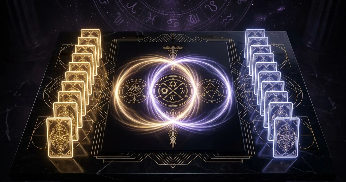 Cover illustration for treatise: The Relationship Mirror Tarot Spread Dynamics Matrix