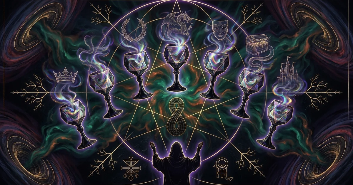Cover illustration for treatise: The Seven of Cups Tarot Meaning: Astral Mirage and Desire