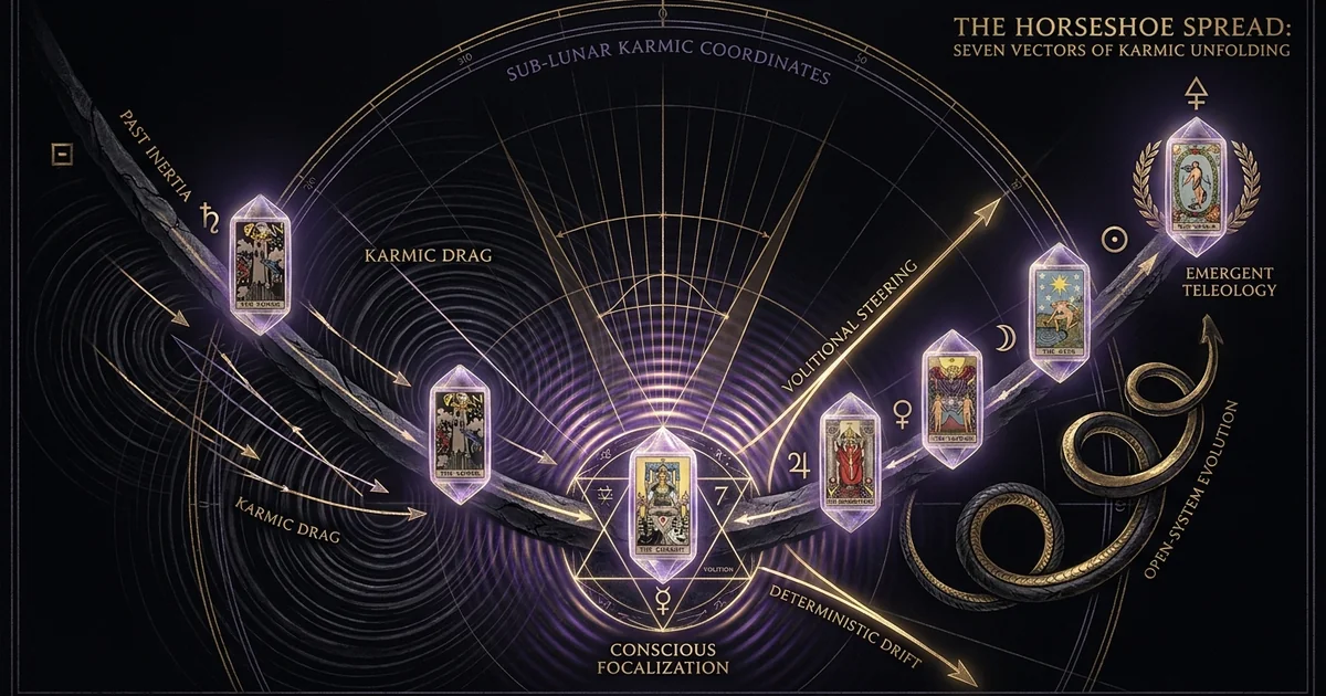 Cover illustration for treatise: Horseshoe Tarot Spread Karmic Vectors: State Analysis